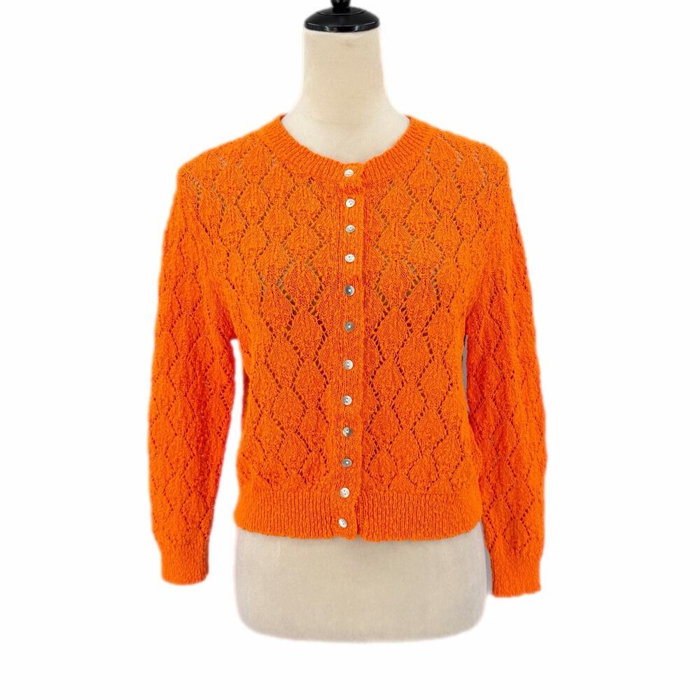 Zara Bright Orange Open Knit Button Up 100% Cotton Vibrant Work Cardigan Sweater
